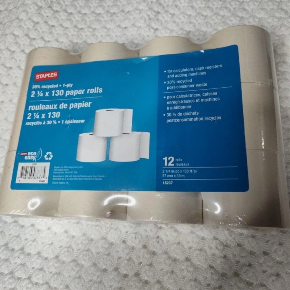 Staples 30% Recycled 1-ply Paper Rolls 2 1/4 in x 130 ft. 12 rolls